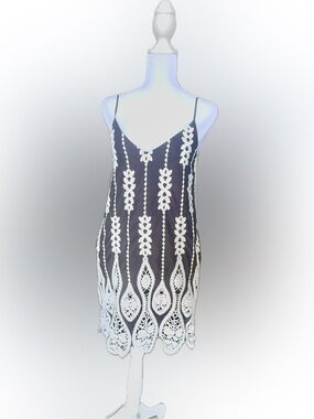 Express Black & White Crochet Lace Slip Dress Boho Summer Mini Sundress XS